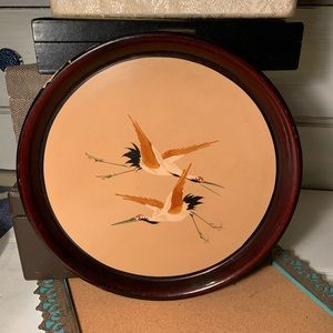 Vintage Hand Painted Cranes Wood Tray (B21)